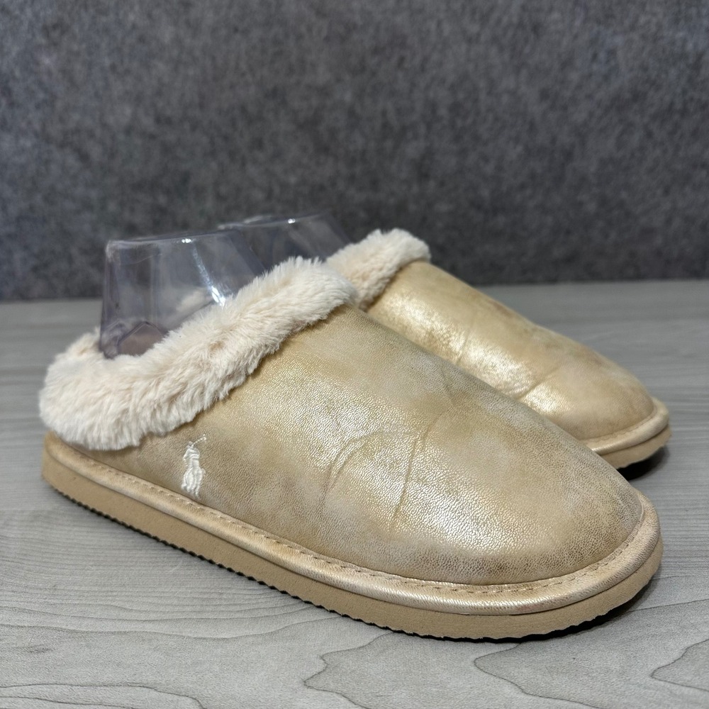 Polo Ralph Lauren Charlotte Slippers Womens 10 Gold Metallic Faux Shearling
